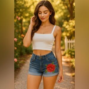 High Rise Denim Shorts Rose Embroidery Stretch Jean Shorts Boho Summer NWT